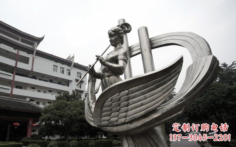 荆州古典美女不锈钢吹笛子雕塑