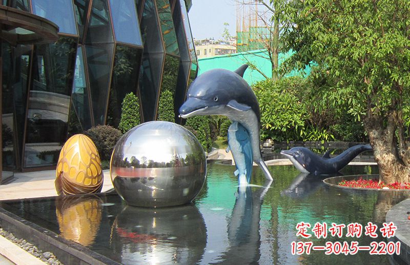 荆州不锈钢海豚水景雕塑,企业公园园林创意景观雕塑