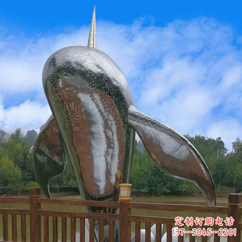 荆州不锈钢鲸鱼雕塑,大型海边公园水景动物景观雕塑