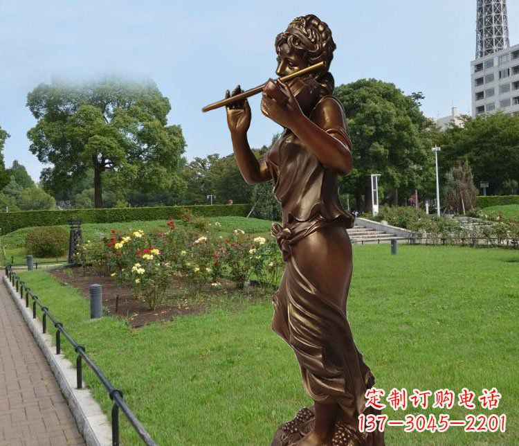 荆州吹笛子的美女城市花园景观玻璃钢仿铜雕塑