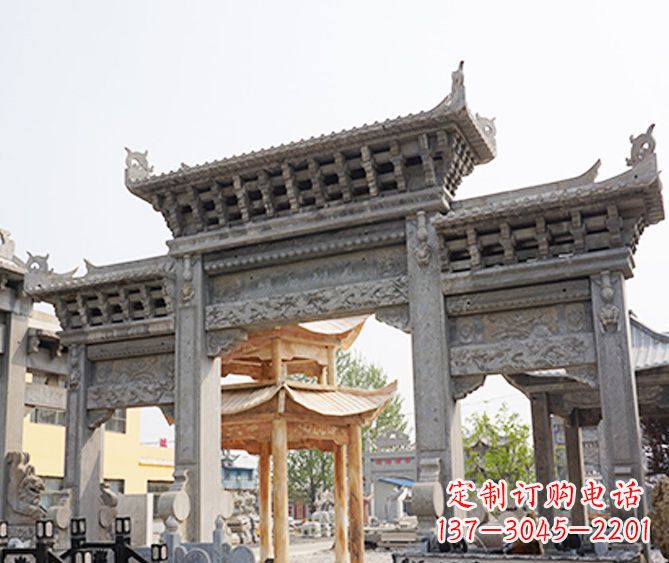 荆州村庄大理石三门牌坊石雕