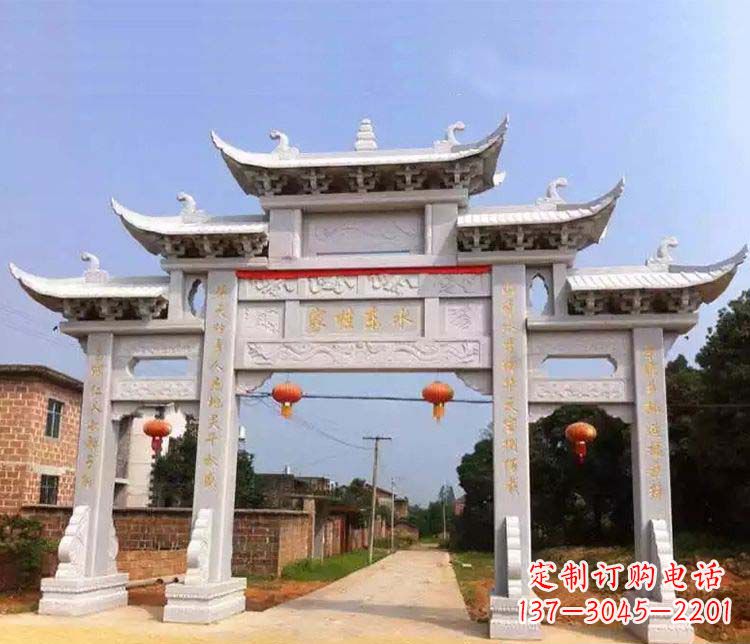 荆州大理石三门五楼石牌坊石雕 (2)