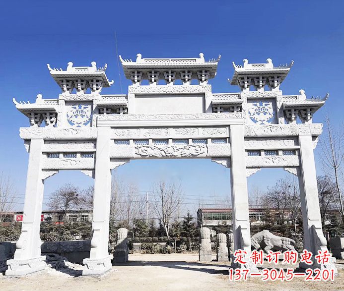 荆州大理石三门五楼石牌坊石雕 (3)