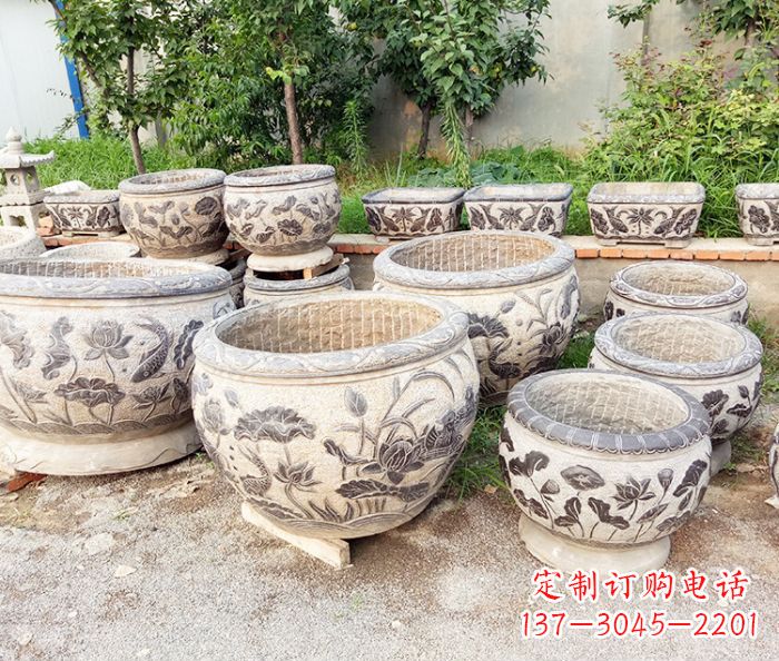 荆州仿古石雕鲤鱼浮雕水缸