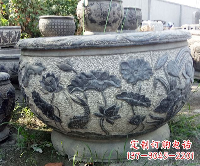 荆州仿古荷花石浮雕水缸 (2)