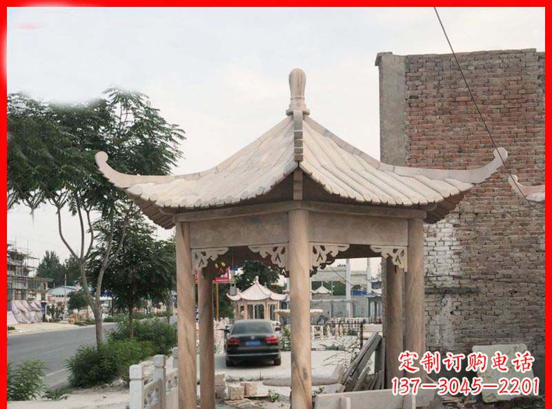 荆州公园晚霞红六角石凉亭雕塑