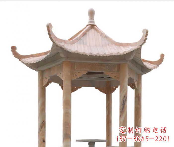 荆州美丽而优雅的公园晚霞红六角石凉亭雕塑