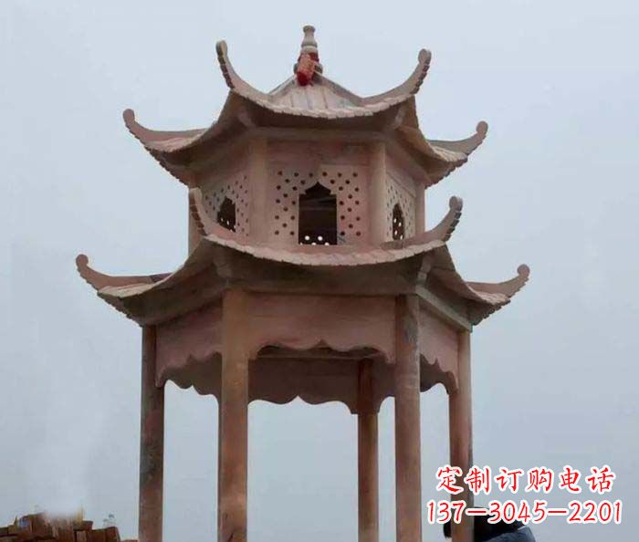 荆州公园晚霞红双层六角石雕凉亭