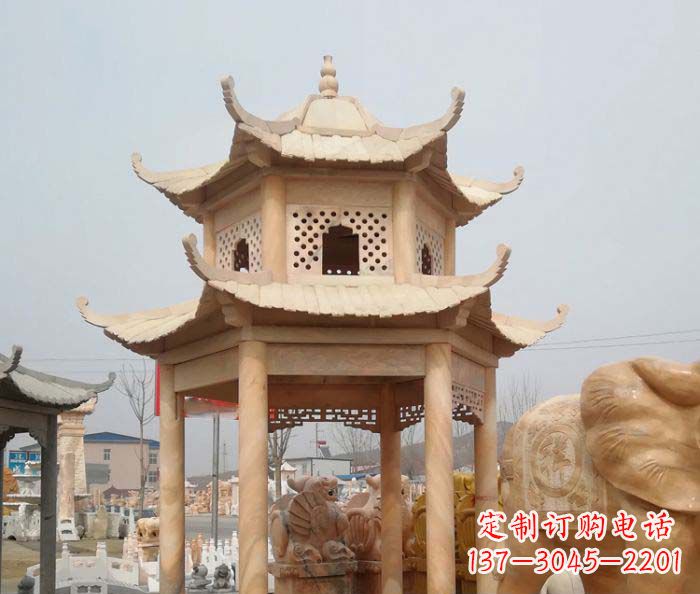 荆州公园晚霞红双层六角石雕凉亭 (2)