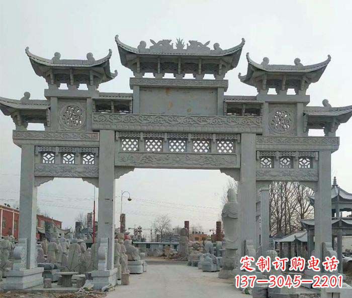 荆州三门牌坊石雕,精美汉风石雕装饰景区