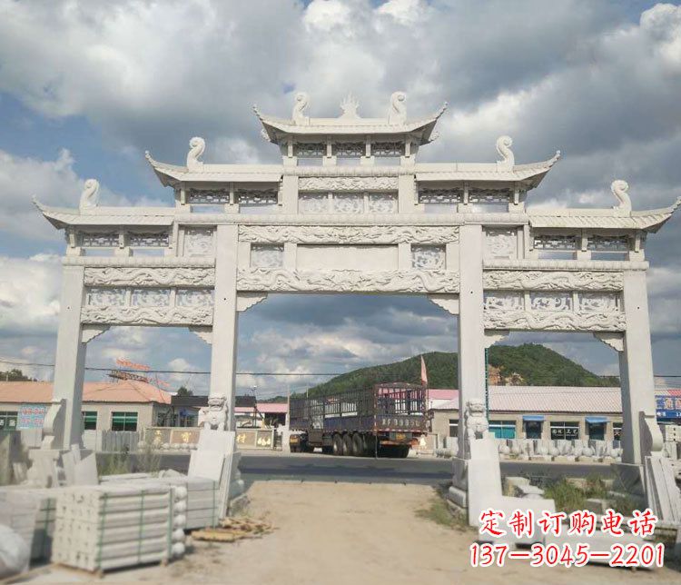 荆州三门五楼大理石牌坊石雕_1