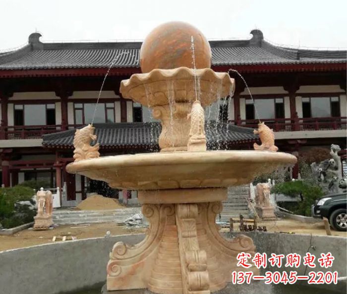 荆州双层风水球喷泉晚霞红石雕