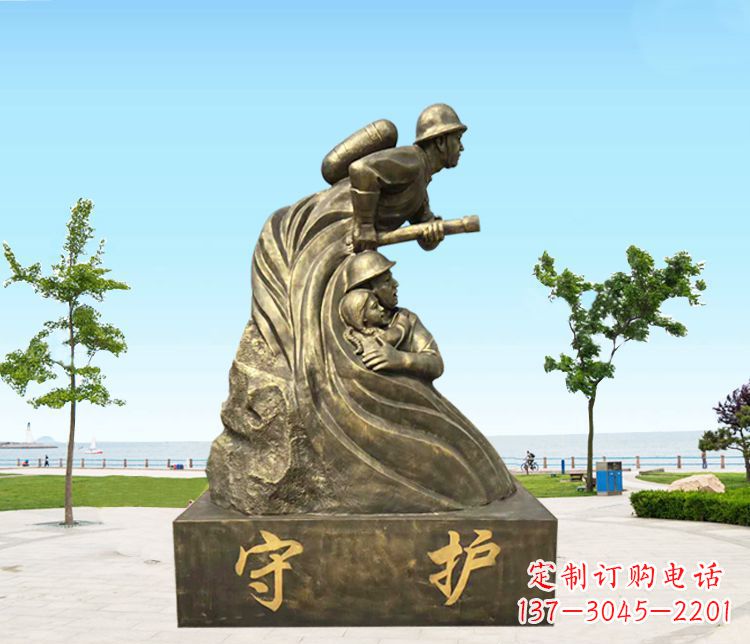 荆州铜雕消防员守护雕塑
