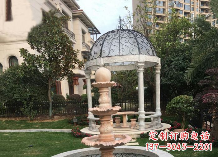 荆州晚霞红三层风水球喷泉小区石雕