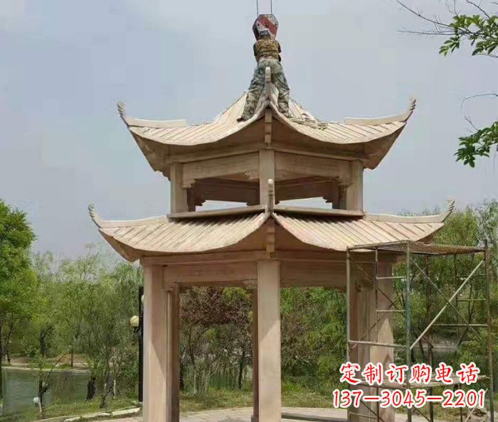 荆州晚霞红双层凉亭石雕 (2)