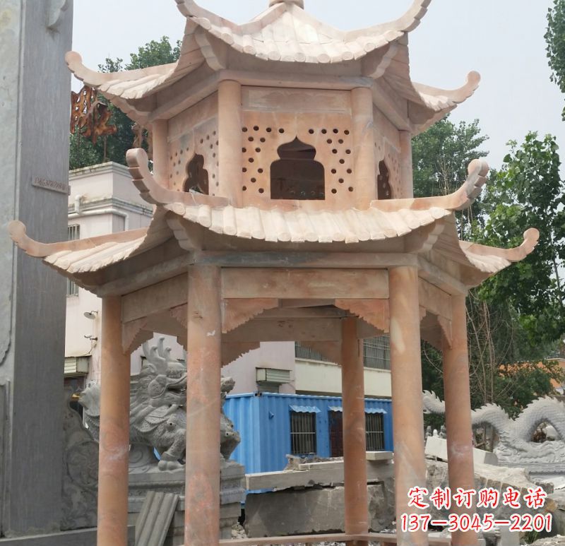 荆州晚霞红双层六角凉亭石雕 (2)
