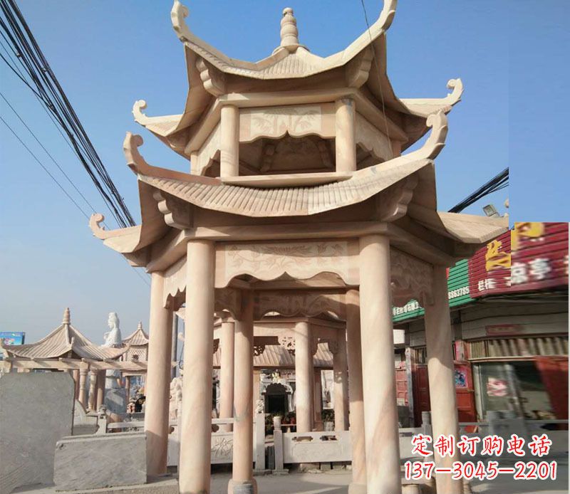 荆州晚霞红双层六角凉亭石雕 (3)