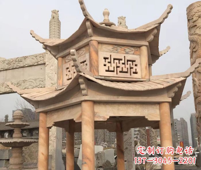 荆州晚霞红双层石雕凉亭