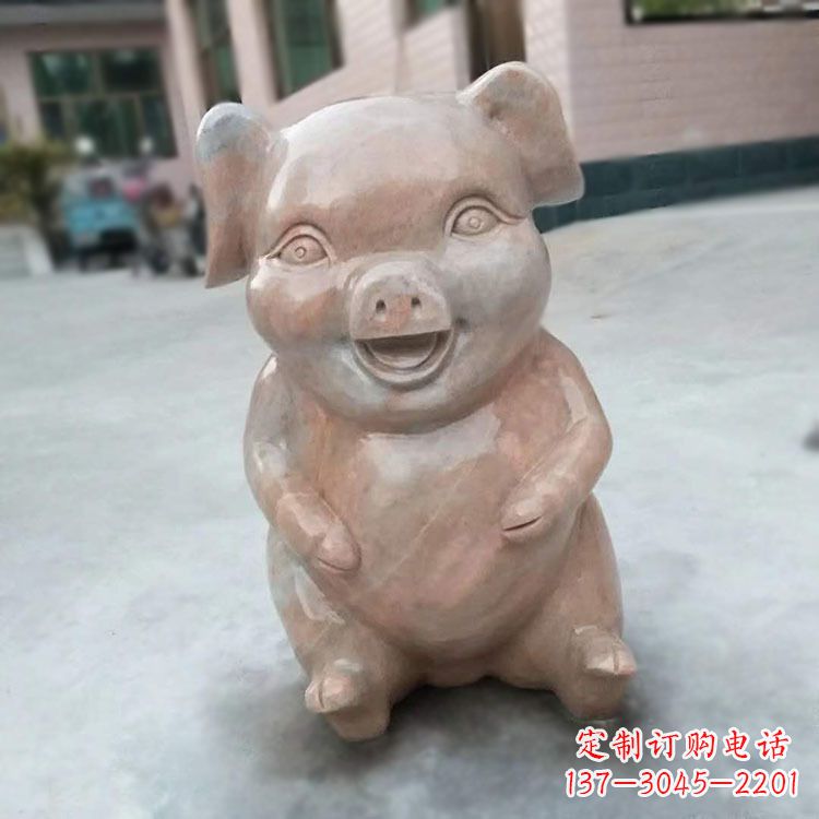 荆州喜庆的石雕猪-晚霞红大理石生肖动物雕塑