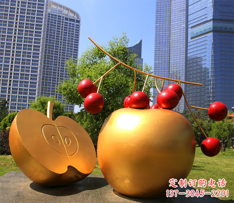 荆州水果雕塑-小区户外喷漆不锈钢水果雕塑